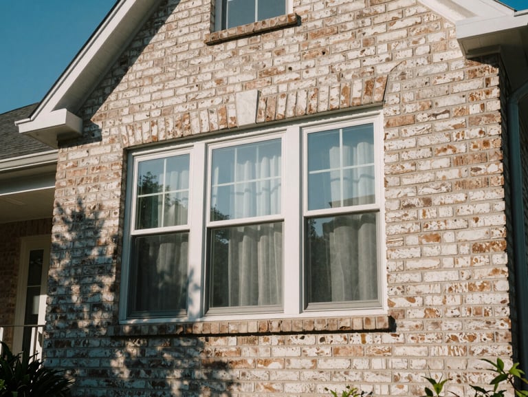 A close-up of a beautifully soft-washed brick home exterior in Franklin, Tennessee, pristine windows reflecting a bright blue sky, sharp afternoon light.