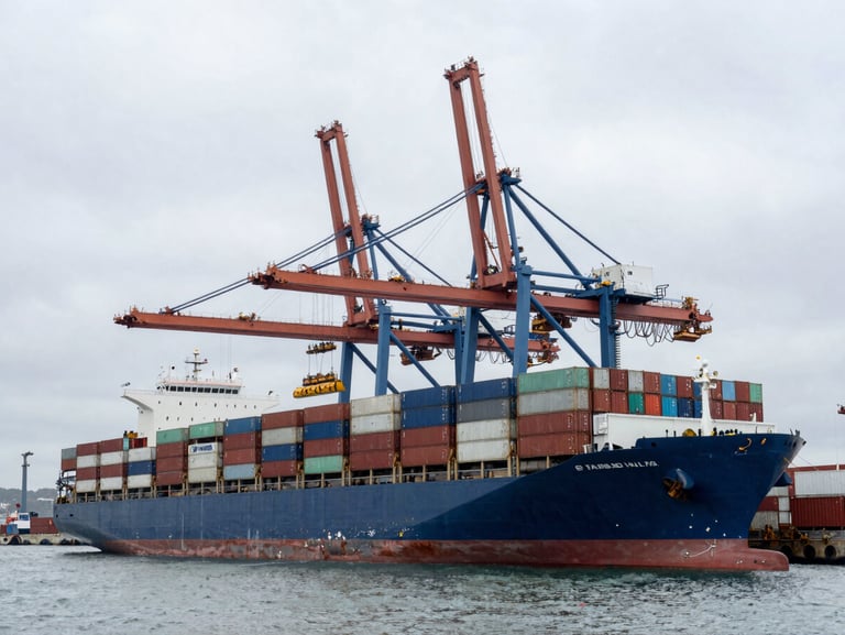 Wide environmental shot of a massive container ship docked at an industrial port under heavy overcast maritime skies, cranes loading cargo containers.