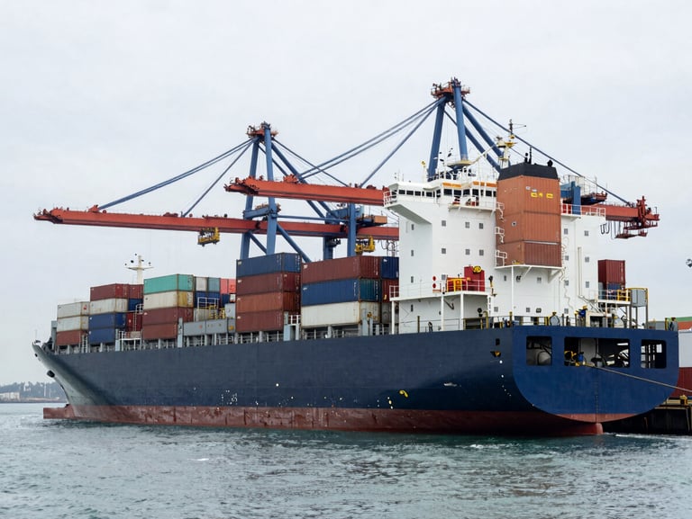 A wide-angle, high-contrast shot of a massive cargo container vessel docked at an industrial port under an overcast maritime sky.
