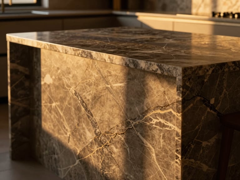 Close-up of a bookmatched marble kitchen island with warm golden-hour lighting, sharp focus on the flawless stone vein alignment, high-end editorial style.