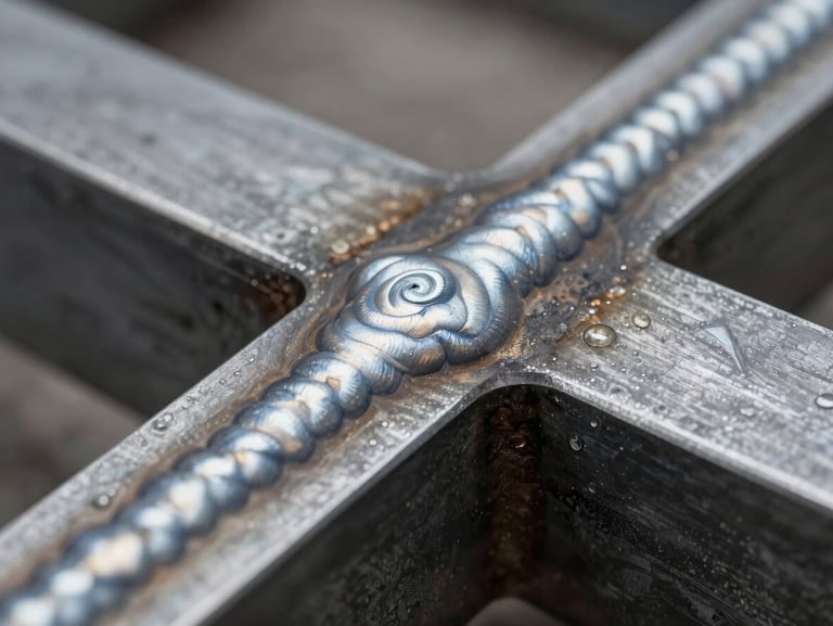 Macro close-up shot of a clean, structurally perfect weld bead on a dark steel beam, natural overcast light highlighting the precise metalwork.