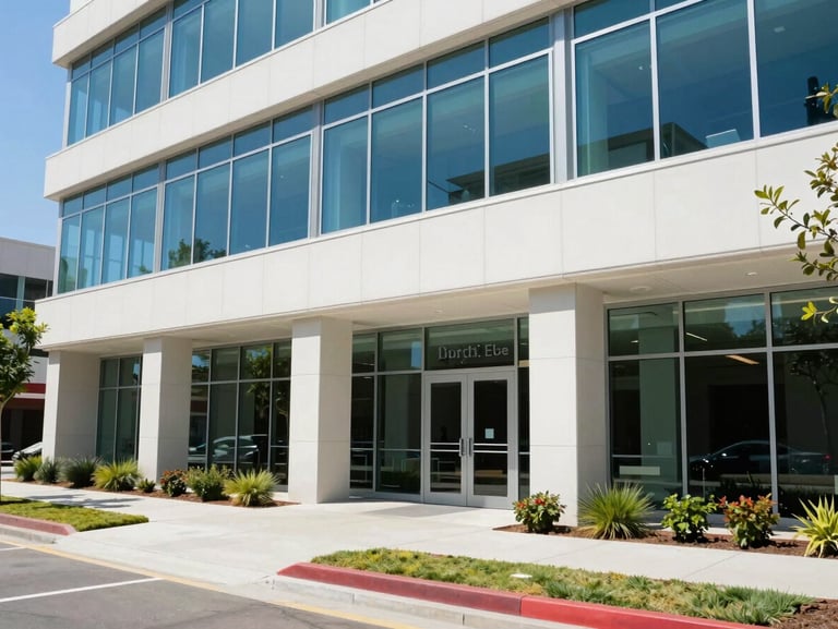 Bright modern commercial office building exterior in California, clean landscaping, sunny daylight, professional corporate environment