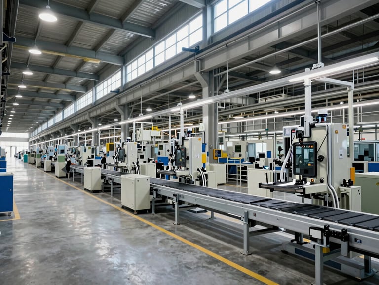 Wide environmental shot of a greenfield bus manufacturing plant interior, freshly commissioned assembly line under high-bay LED industrial lighting, empty jig stations and conveyor infrastructure visible, concrete floor and steel structural columns, cool daylight entering from north-facing clerestory windows