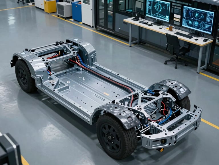 Overhead view of an EV bus chassis on an assembly floor, bare structural frame under cool factory lighting, wiring harnesses routed along the backbone, engineering workstation with CAD schematics visible in the background