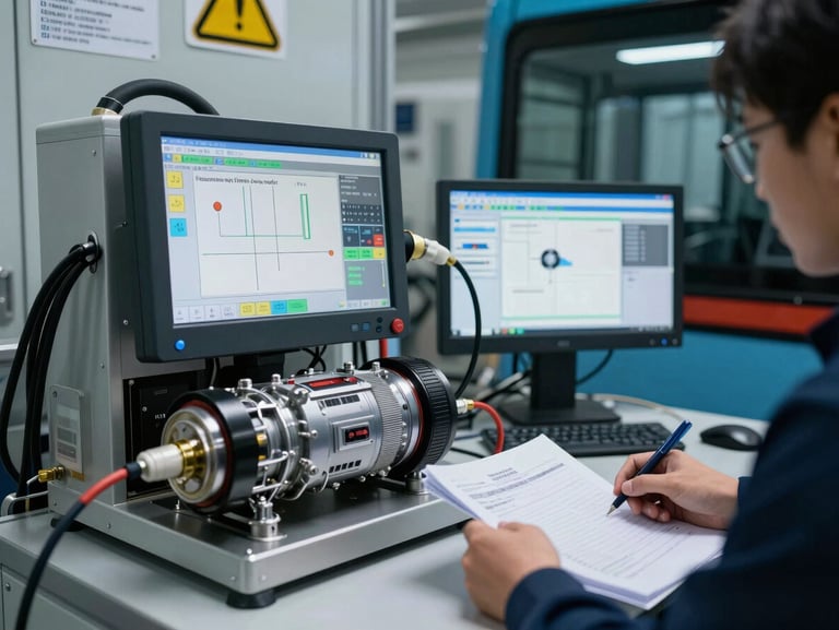 Close-up of a regulatory certification testing apparatus connected to a hydrogen bus powertrain under load, diagnostic screens showing live data readouts, test bay with industrial cable management and safety signage, cool artificial lighting, technician reviewing documentation at adjacent workstation