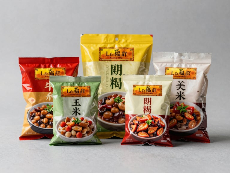 Bright, clean commercial shot of authentic Lee Kum Kee and Ajinomoto product packaging arranged on a minimalist gray surface, sharp lighting, industrial B2B style