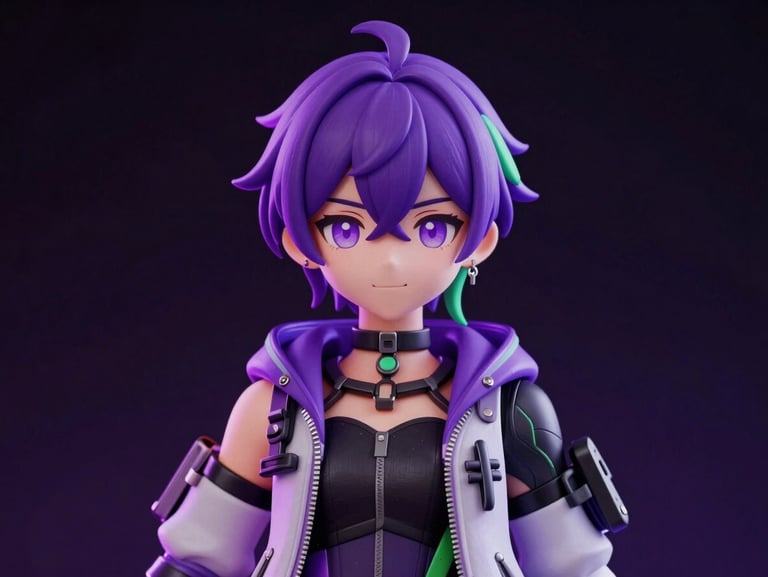 Crisp preview of a fully rigged 3D VTuber avatar model on a dark screen, neon purple ambient studio lighting, high-contrast details