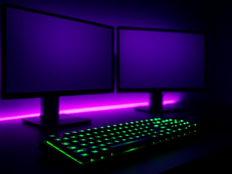 Close-up of a glowing dual-monitor stream setup in a dark room, ambient purple neon backlighting, mechanical keyboard glowing cyber green