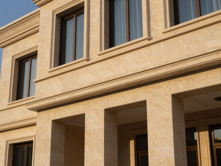 Close-up architectural shot of a luxury Saudi villa facade, clean lines, beige stone, warm golden hour light, high-end residential design.