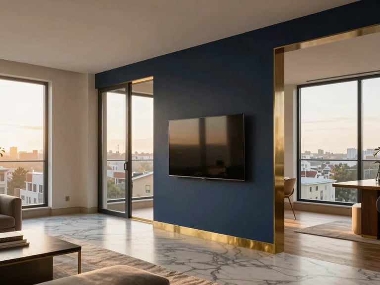 Architectural interior of a modern apartment living room, large windows with soft daylight, premium marble flooring, brass accents.