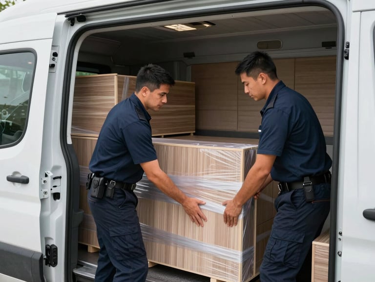 Close environmental shot inside a moving van, a uniformed crew member securing wrapped furniture panels against padded van walls, natural daylight from the open cargo door, organized stacking visible in the background