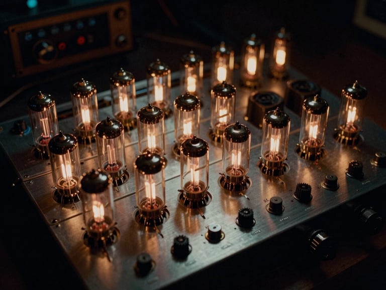 Atmospheric side-lit shot of analog outboard gear racks, glowing vacuum tubes, brushed metal faceplates, 35mm film grain