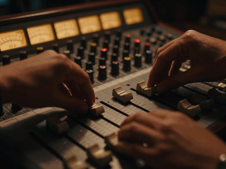 Close-up of hands adjusting faders on a vintage solid-state console, warm golden meter glow, deep shadows, rich dark tones