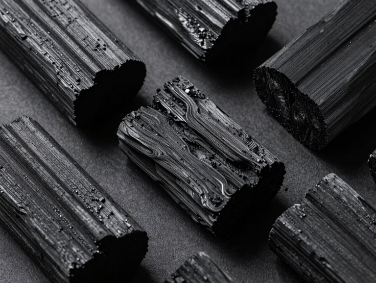 Extreme close-up overhead flat-lay of premium hardwood charcoal pieces arranged on a clean dark surface, controlled studio strobe lighting from above, sharp grain and texture detail visible, no hands, no flame