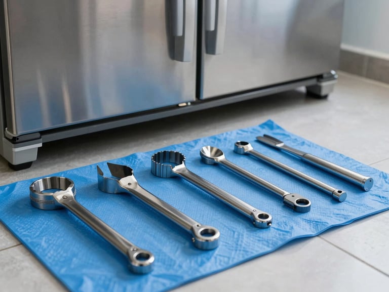 Pristine metallic tools arranged neatly on a protective blue work mat next to a modern stainless steel refrigerator base, bright cool lighting.