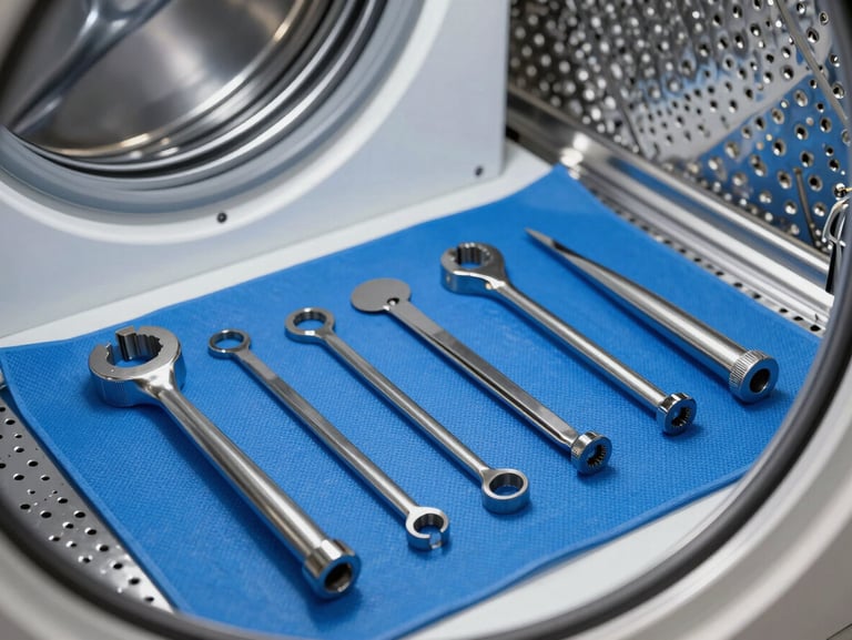 Pristine metallic tools arranged neatly on a protective blue work mat next to a washing machine drum belt, cool LED lighting.