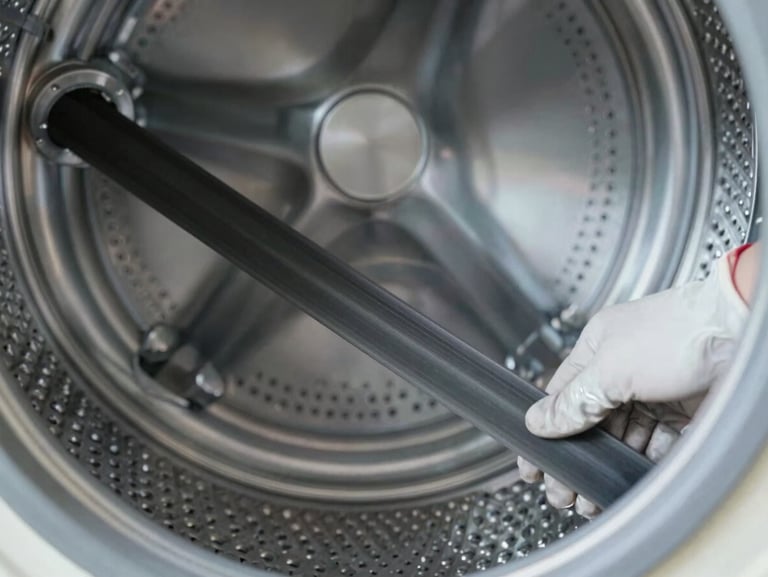 Macro shot of a clean metal washing machine drum belt being tensioned by a gloved technician, bright cool LED light.
