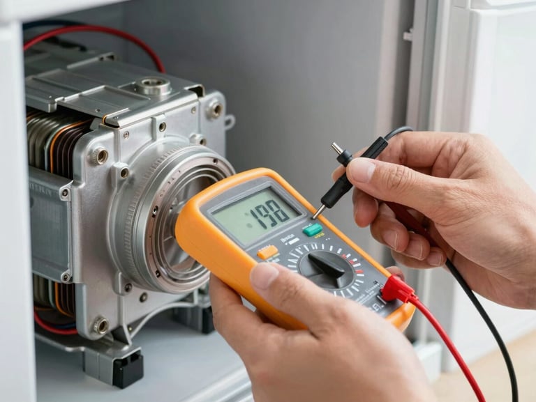 Close-up of clean hands using a digital multimeter to test a refrigerator compressor coil, sterile white background.
