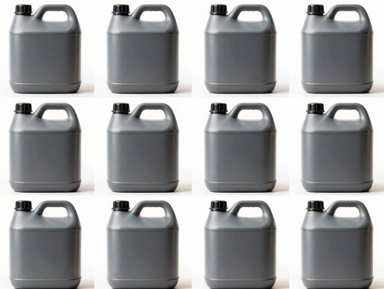 Straight-on product grid of identical industrial cleaning canisters with secure caps, bright studio lighting, sterile white background.