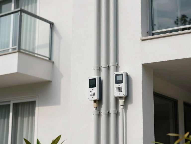 Clean architectural shot of modern residential buildings in Costa Rica, showing neatly integrated external water utility pipes with clean digital telemetry modules under daylight.