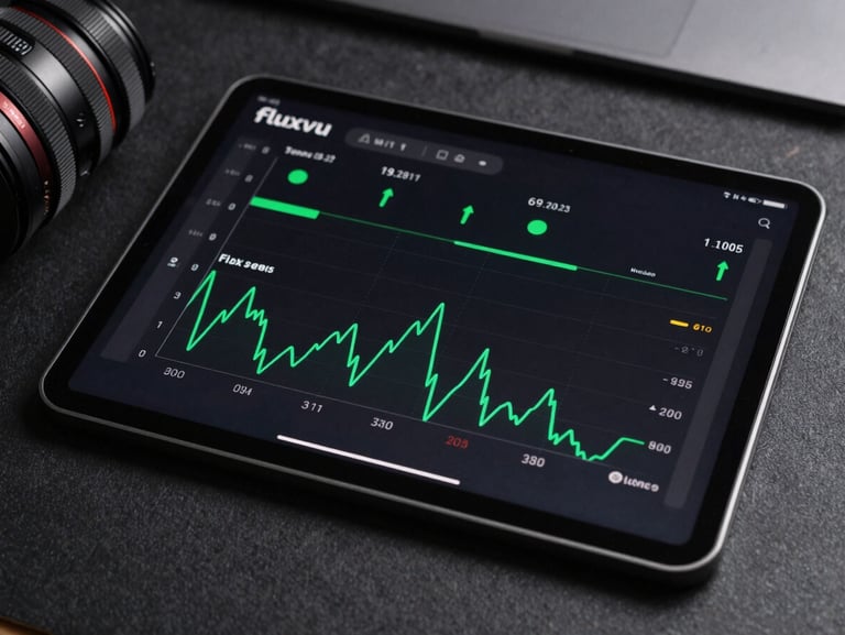High-contrast flat-lay mockup of the fluxvu digital dashboard interface on a tablet screen, showing flow rate charts with active status indicators in signal green.