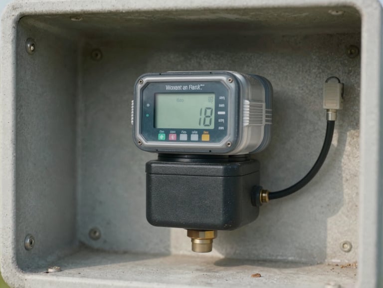 Macro shot of a ruggedized physical smart water meter with digital telemetry module installed inside a clean concrete utility box, natural bright daylight.