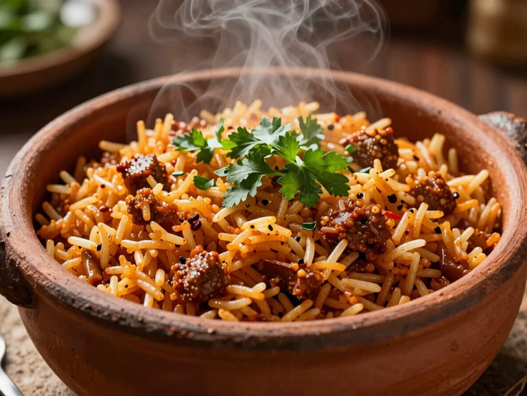 Steaming, rich red jollof rice served in a traditional seasoned clay pot, garnished with fresh herbs, shot in warm natural light.
