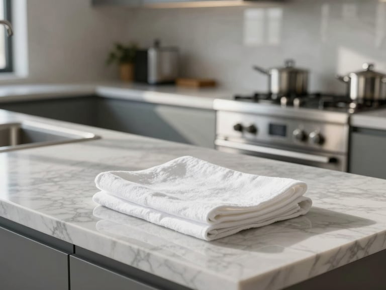 A bright, sunlit modern kitchen with gleaming marble countertops, neatly folded white linens, and spotless stainless steel fixtures.
