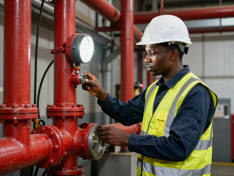 A professional Nigerian fire safety technician in a high-visibility vest and hard hat inspecting a pressurized red manifold pipe, high-contrast industrial lighting.
