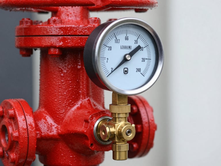 Close-up of a heavy-duty red fire pump valve and brass pressure gauge, crisp industrial lighting, sharp focus on the certified safety markings.