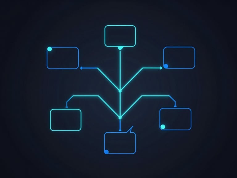 Abstract vector illustration of conversational node trees, glowing electric-blue vector lines, dark background, minimalist geometric tech diagrams