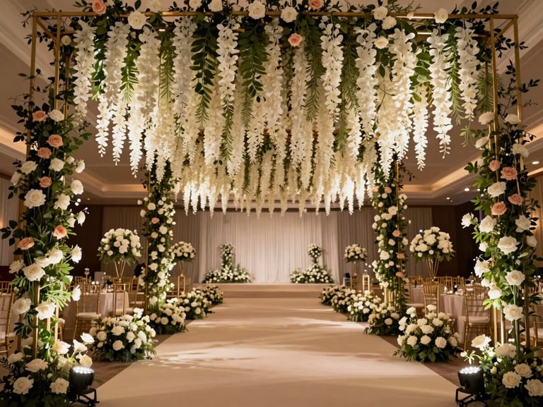 Full-room environmental shot of a reception hall entry draped with hanging floral installations — cascading white and blush roses on brass arch frames, ambient uplighting in warm amber, no guests, wide angle