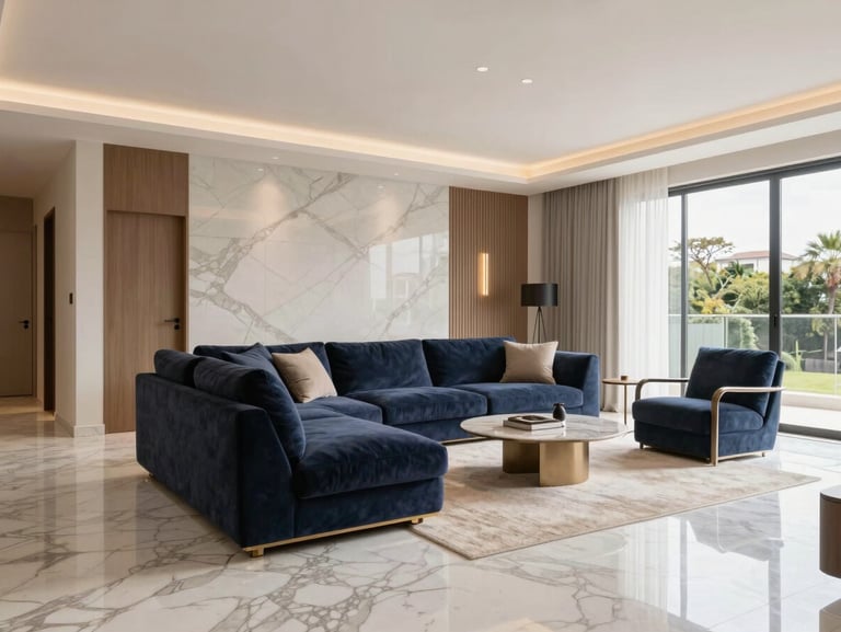 Bright, high-end residential living room in Goiânia, marble flooring, clean architectural lines, warm natural light, pristine finishing details