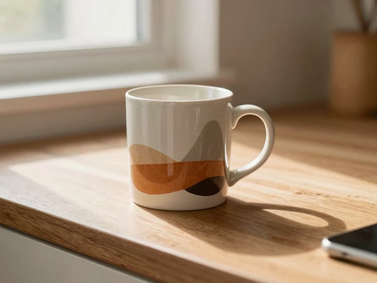 A ceramic mug with a warm abstract art print on a wooden kitchen counter, soft morning sun, cozy atmosphere
