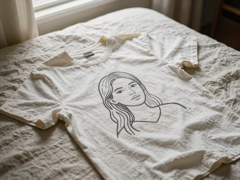A cotton t-shirt with a custom minimal line art portrait printed on it, lying on a soft linen sheet