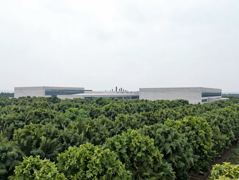 Wide-angle shot of an industrial park surrounded by a dense, structured forest green belt under a bright overcast sky, concrete structures in background