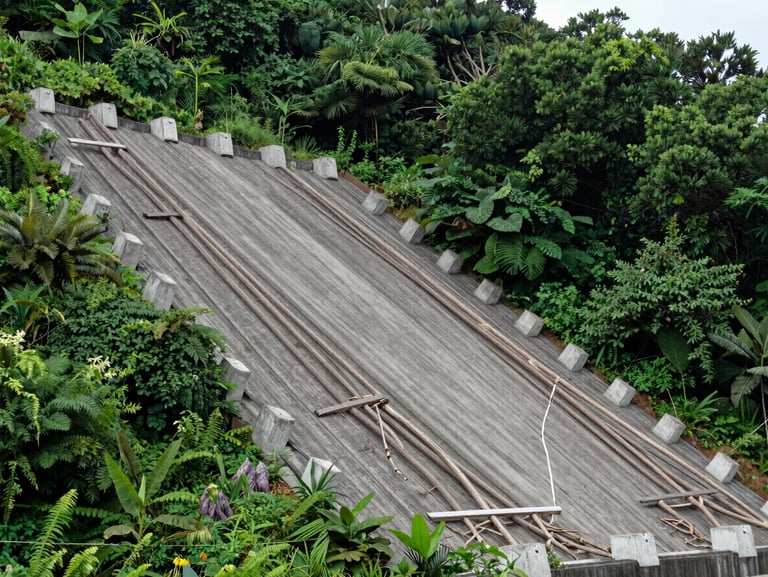 Close-up of an engineered root system stabilizing a steep highway slope, framed by dense green vegetation and concrete anchors, crisp architectural detail