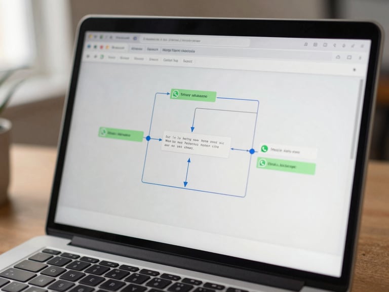Close-up of a laptop screen showing an email automation sequence diagram with connected steps and WhatsApp message previews, warm desk environment, soft natural light from the left, no people, documentary detail shot