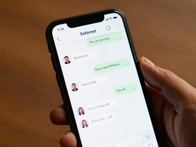 Medium shot of a smartphone screen showing a chatbot conversation interface on a small business website, warm ambient light, hand partially visible holding the phone, clean and readable UI on screen, documentary style