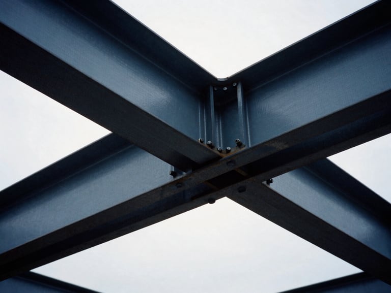 Tight macro shot of heavy steel beams bolted together, industrial yard background, overcast daylight