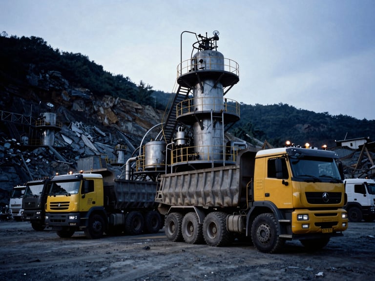 Industrial machinery and heavy transport trucks parked at a mountain-side quarry, dramatic side-lighting