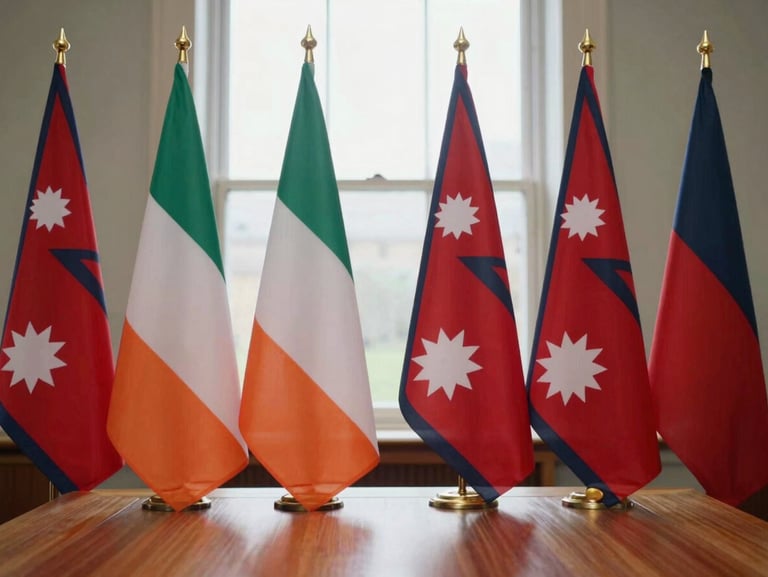 A diplomatic meeting room with Irish and Nepalese flags side by side on a wooden table, soft natural lighting, editorial news style