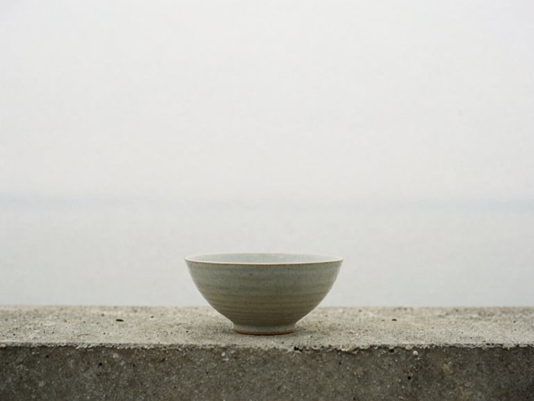 A simple ceramic bowl sitting on a concrete ledge, soft overcast daylight, minimalist film photography, muted earthy tones, quiet contemplative mood, 35mm