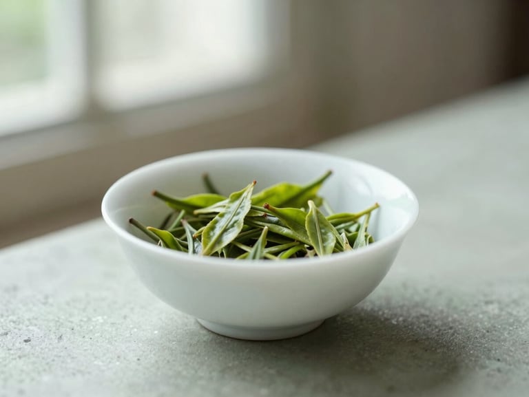 A minimalist white ceramic bowl with organic green tea leaves, soft natural light, shallow depth of field, 35mm