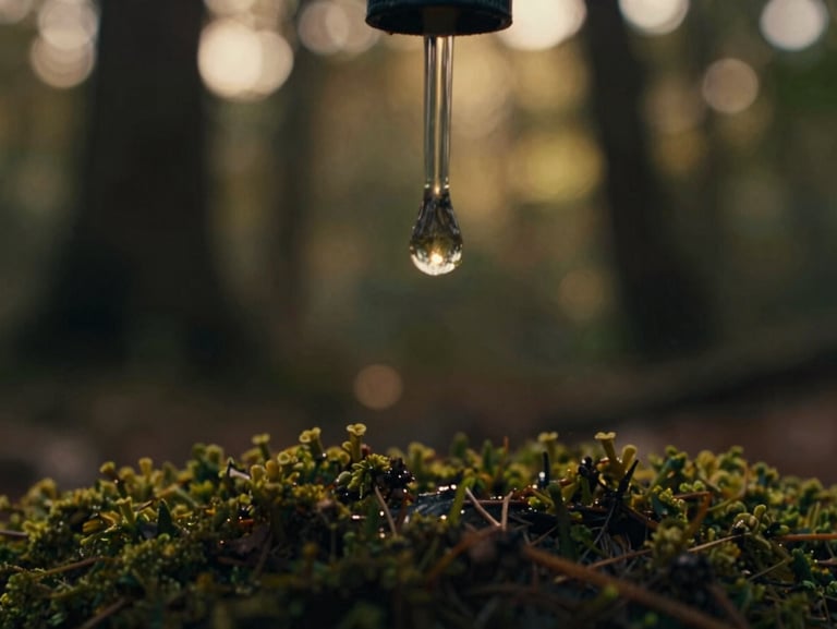 Macro shot of a single drop of Sananga liquid being carefully applied to an eye, reflecting a subtle golden light, the background is softly blurred ancient forest, cinematic moody photography, warm chiaroscuro, 35mm film