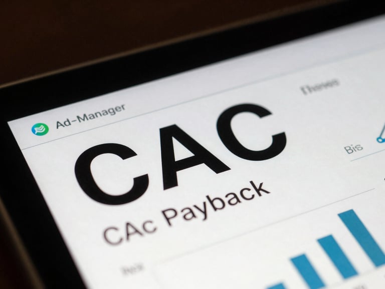 Macro close-up of a dark-mode ad-manager interface showing real, unblurred CAC payback metrics and attribution charts, crisp natural side-lighting.