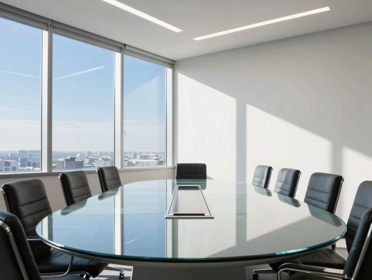 Immaculate corporate boardroom, large glass table with crisp daylight reflections, clean architectural lines, bright interior style.