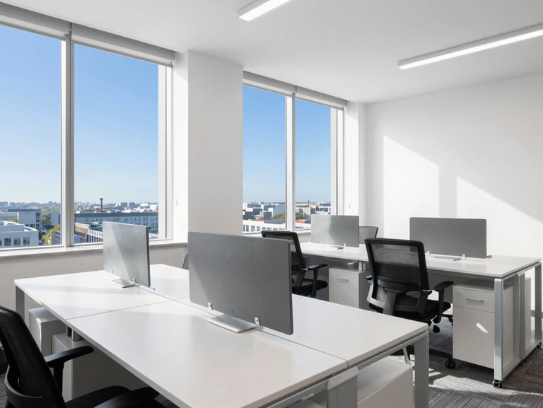 Bright modern open-space office, dust-free desks, natural light streaming through large windows, immaculate surfaces.