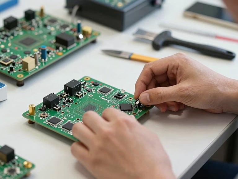 Close-up of hands assembling electronic components on a workbench in a UK technical classroom, natural diffuse daylight, focused and authentic setting.