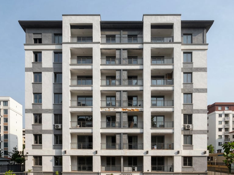 Residential flat exterior, mid-rise building facade, architectural detail showing condition and materials, daylight, wide sight lines including neighboring context, clear urban framing, no lifestyle staging